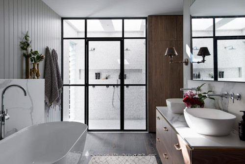 ensuite, bathroom, black and grey bathroom, monochromatic bathroom, marble splashback