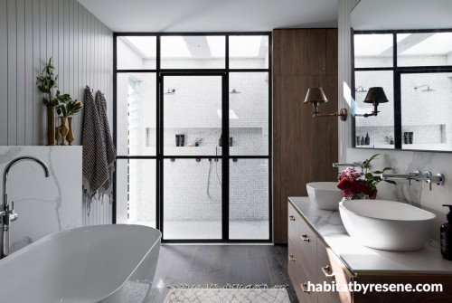 ensuite, bathroom, black and grey bathroom, monochromatic bathroom, marble splashback