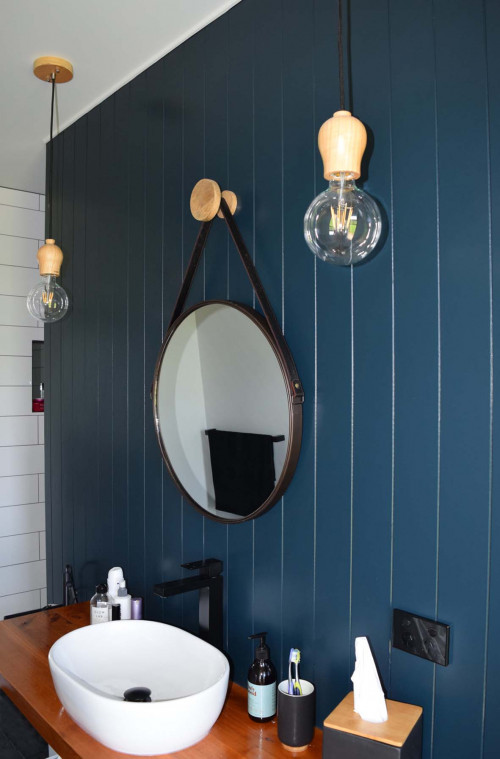 bathroom, ensuite, blue bathroom, tounge and groove walls, blue feature wall