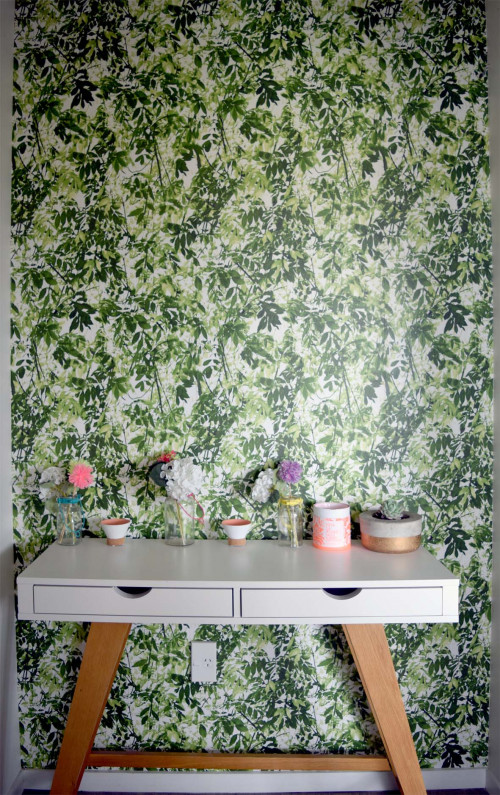 feature wall, feature wallpaper, leaf wallpaper, green wallpaper, entranceway, hallway