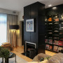 black fireplace, fireplace, black and white, lounge, living room, black feature wall