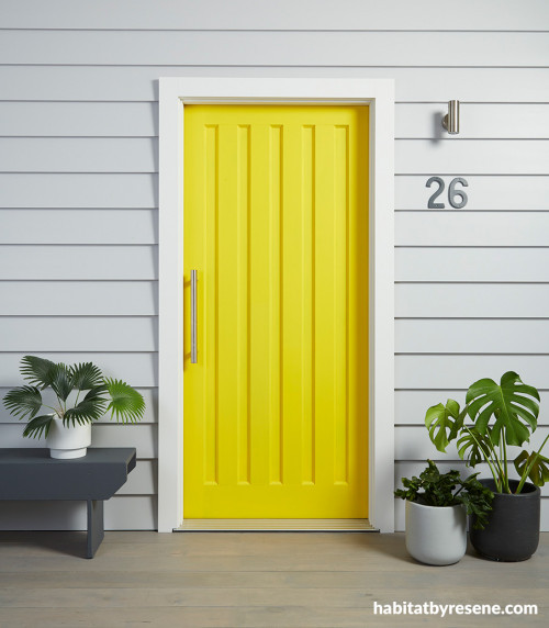exterior inspiration, exterior ideas, exterior design, front door ideas, yellow front door, resene