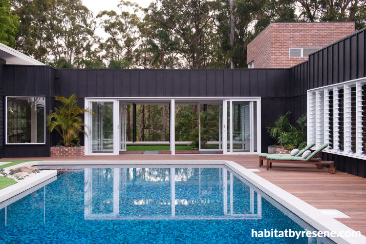 house exterior, black exterior, black house, swimming pool, pool area 