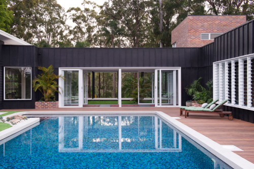 house exterior, black exterior, black house, swimming pool, pool area