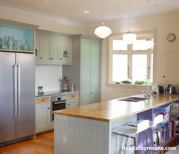 kitchen, mint green, green kitchen, painted cabinets, white kitchen, coloured kitchen 