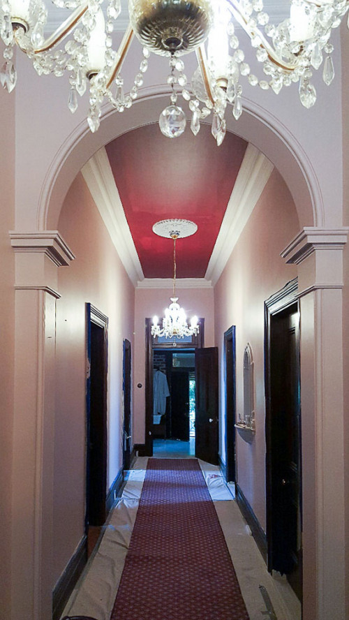 hallway, entranceway, red ceiling, salmon paint, interior design, painted ceiling