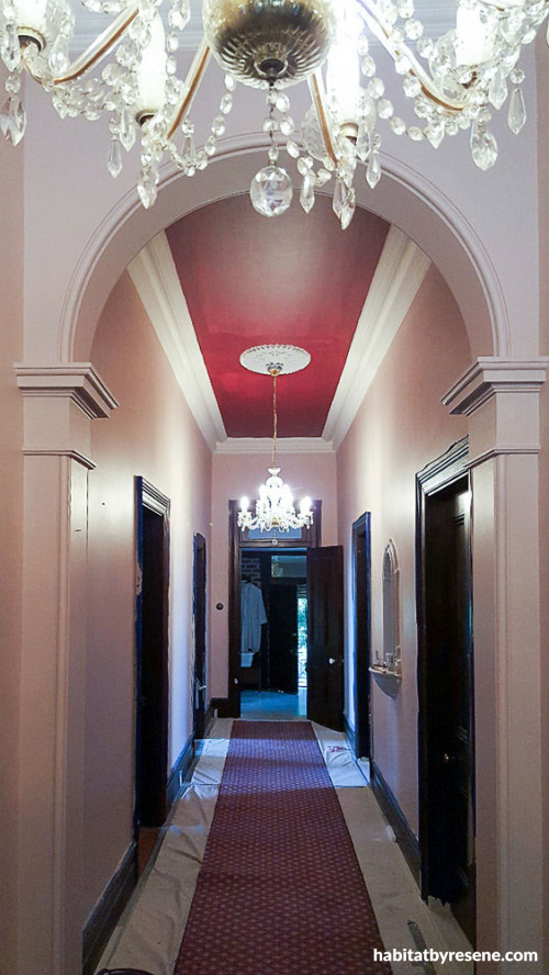 hallway, entranceway, red ceiling, salmon paint, interior design, painted ceiling 