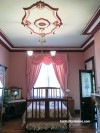 bedroom, pink bedroom, pink and red paint, ceiling rose, metallic gold, ceiling 