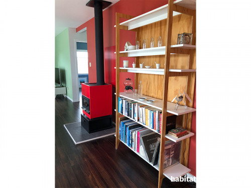 red dining room, red fireplace, fire place inspiration, open plan living, bookshelf, Resene