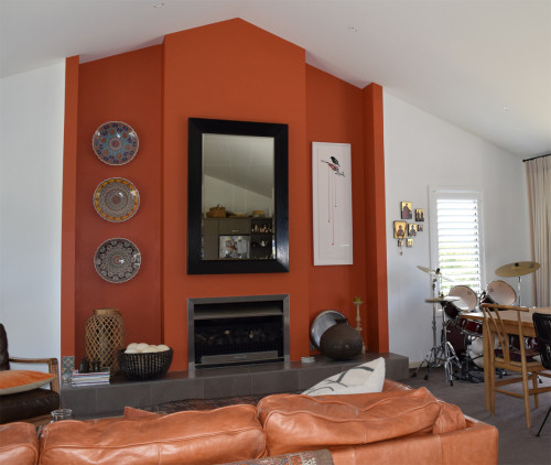 living room inspiration, feature wall ideas, orange feature wall, orange interior ideas, resene