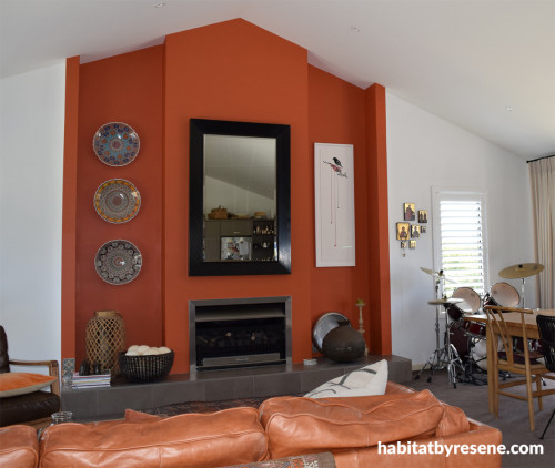 living room inspiration, feature wall ideas, orange feature wall, orange interior ideas, resene