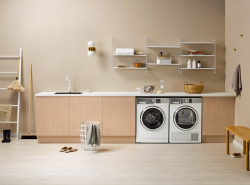 laundry, neutral laundry, family laundry, beige laundry, laundry storage, brown laundry