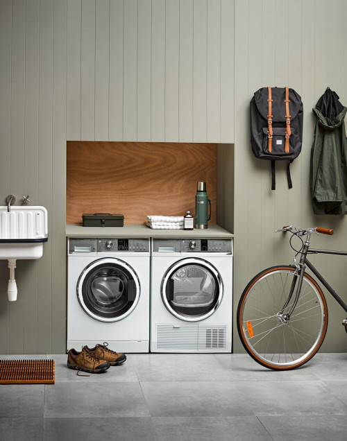 laundry, grey laundry, khaki laundry, laundry storage, tiled floor, timber splashback