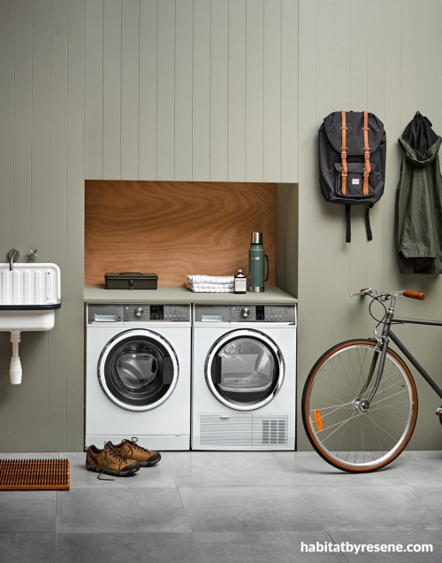 laundry, grey laundry, khaki laundry, laundry storage, tiled floor, timber splashback 