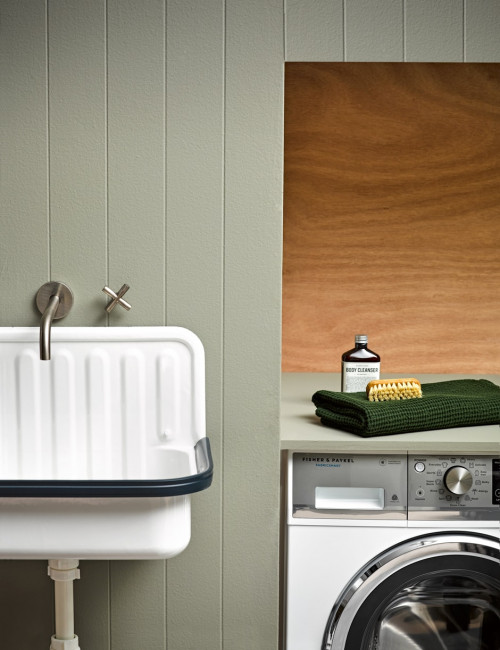 laundry, grey laundry, khaki laundry, laundry storage, timber splashback, industrial style sink