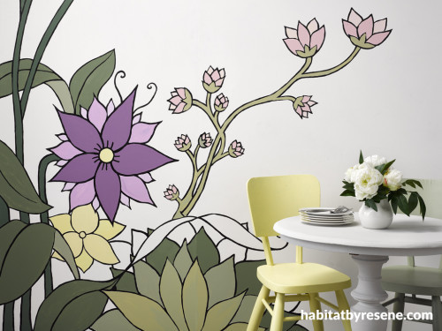 stenciled wall art, floral feature wall, nature inspired wall art, nature feature wall