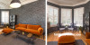 lounge, living room, wallpaper feature wall, grey wallpaper, grey and orange interior, grey lounge