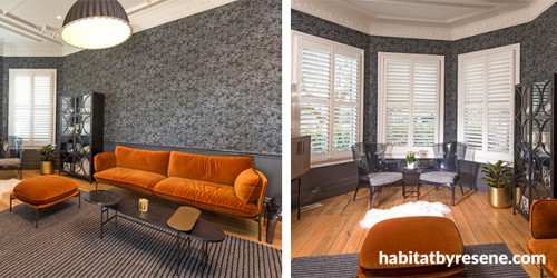 lounge, living room, wallpaper feature wall, grey wallpaper, grey and orange interior, grey lounge