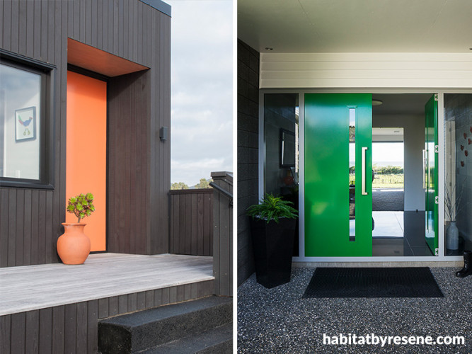 orange front door, green front door, house exterior, front door ideas, entranceway  