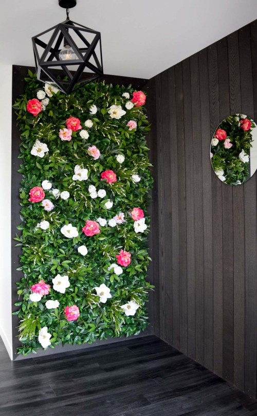 floral feature wall, entranceway, floral entranceway, flower wall, black entranceway, monochromatic