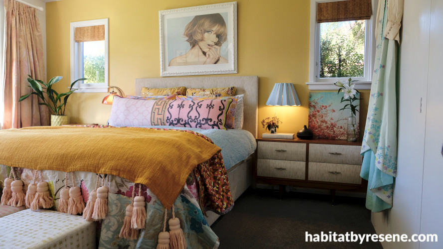 master bedroom, gold bedroom, yellow bedroom, gold feature wall, ochre bedroom