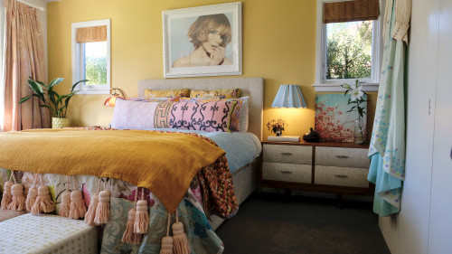 master bedroom, gold bedroom, yellow bedroom, gold feature wall, ochre bedroom
