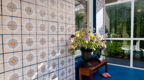 conservatory, patterned tiles, tiled feature wall, painted tiles, blue floor, blue conservatory
