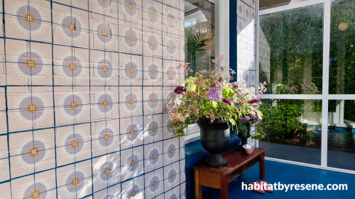 conservatory, patterned tiles, tiled feature wall, painted tiles, blue floor, blue conservatory 