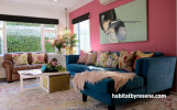 living room, lounge, pink lounge, pink feature wall, blue sofa, pink and blue, resene rouge 