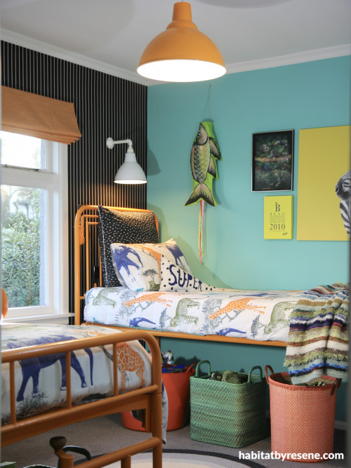 bedroom, kids bedroom, childrens bedroom, resene keppel, green bedroom, green feature wall