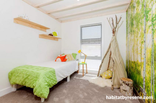 kids bedroom, children's bedroom, forest wallpaper, forest inspired bedroom, teepee, feature wall