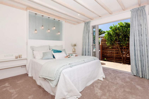 master bedroom, jar lights, white bedroom, metallic paint, feature wall, indoor-outdoor flow