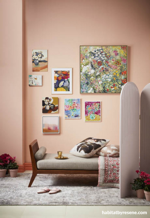 pink interior ideas, pink interior inspiration, home decor, interior design, gallery wall ideas