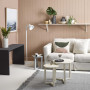 living room, lounge, pink living room, brown living room, white couch, grey rug 