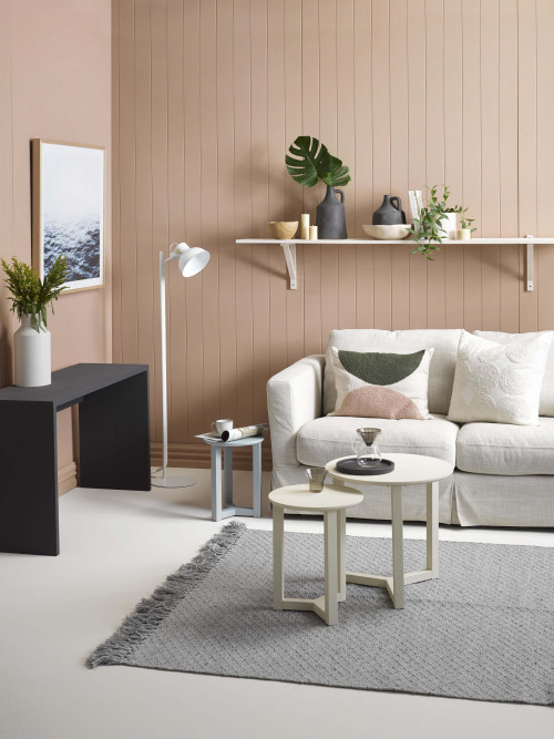 living room, lounge, pink living room, brown living room, white couch, grey rug