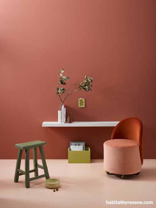 Douglas and Bec, interior, bold, tonal, rose, orange, paint, terracotta, Resene Apple Blossom