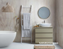 bathroom, neutrals, scandi inspired, scandi bathroom, plywood bathroom, plywood feature wall