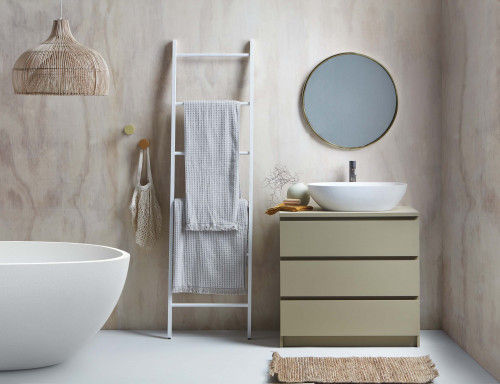 bathroom, neutrals, scandi inspired, scandi bathroom, plywood bathroom, plywood feature wall