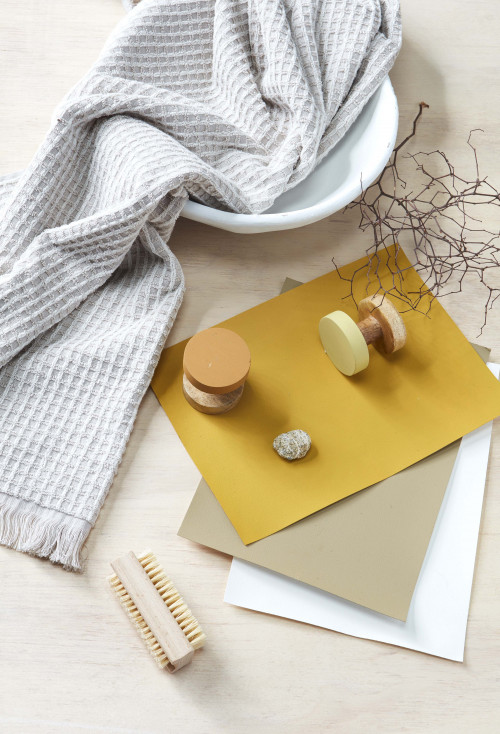 mustard yellow, interior inspiration, moodboard, plywood interior, bathroom inspiration