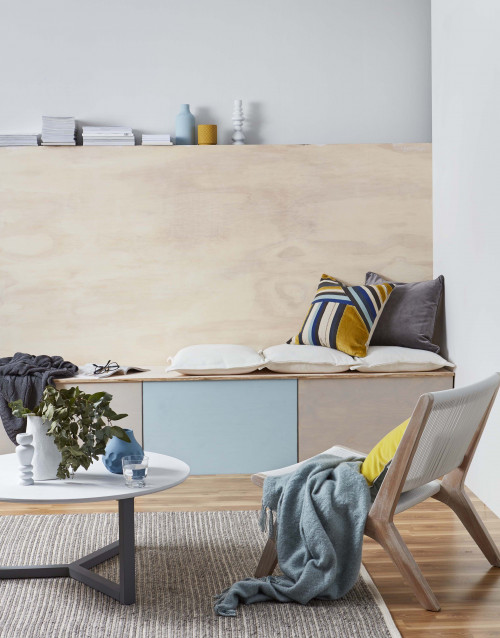 sitting room, reading room, benchseat, plywood feature, blue paint, beach inspiration