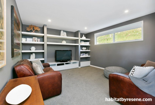 Lounge, living room, grey interior, grey and white, shelving, couch, brown