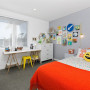 Bedroom, kids, white, grey, red, peg board, interior, children's bedroom, feature wall, light paint