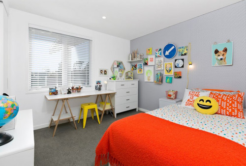 Bedroom, kids, white, grey, red, peg board, interior, children's bedroom, feature wall, light paint