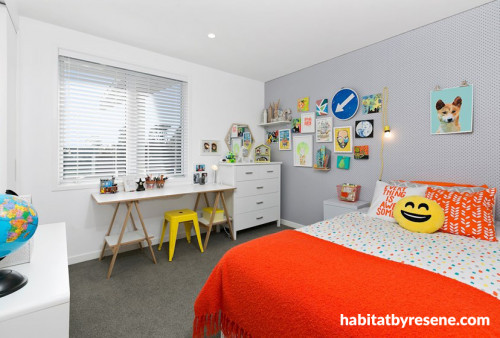 Bedroom, kids, white, grey, red, peg board, interior, children's bedroom, feature wall, light paint