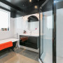 Bathroom, black ceiling, black and white, white tiles, shower, clawfoot bath, interior, paint 
