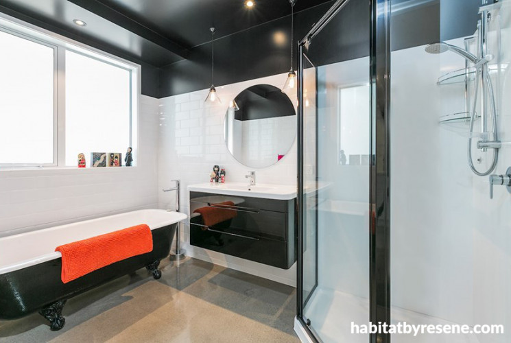 Bathroom, black ceiling, black and white, white tiles, shower, clawfoot bath, interior, paint 