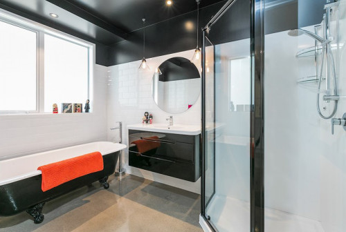 Bathroom, black ceiling, black and white, white tiles, shower, clawfoot bath, interior, paint