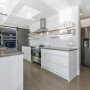 Kitchen, white, grey, modern, interior, sliding pantry door, bench, light kitchen, appliances, 