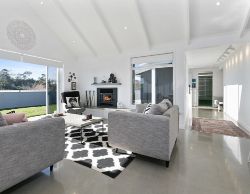 Interior, white walls, white ceiling, living room, lounge, sloping ceiling, black and white