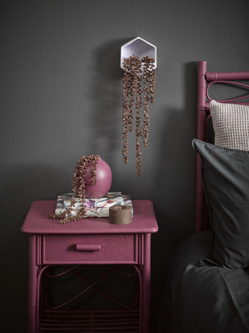 bedroom, grey bedroom, grey and purple bedroom, dark bedroom, purple side table, resene virtuoso